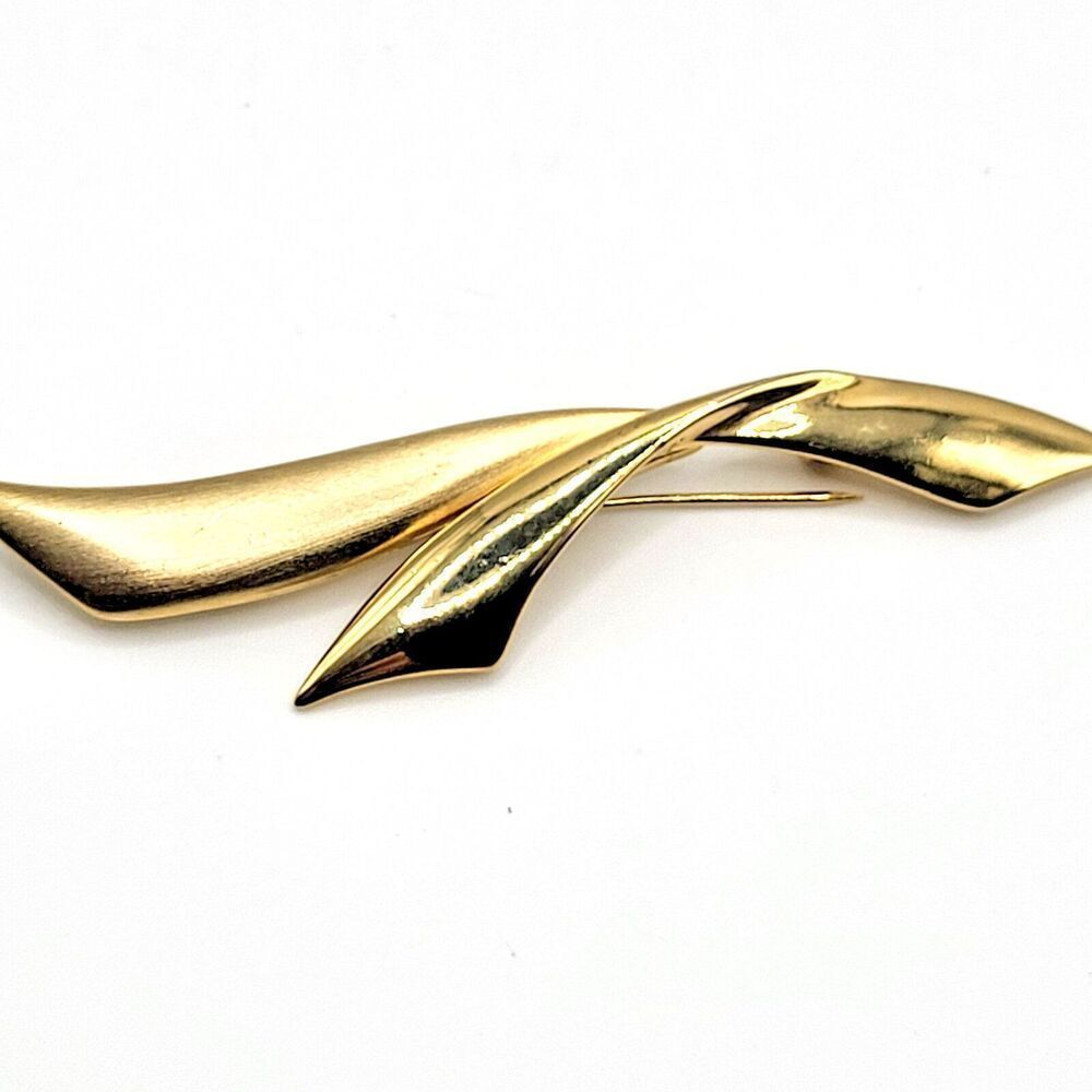 VINTAGE SIGNED TOVA POLISHED & BRUSHED GOLD TONE ABSTRACT PIN BROOCH 3.5"